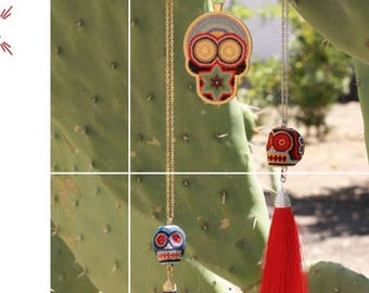 Skull Pendant, Skull Jewelry , Skull Necklace, Mexican Wrestler Mask, Mexican Necklace, handmade Jewelry, Skull Art , Tassel Necklace