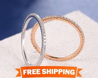 Diamond Wedding Band Women Rose Gold Eternity Band Stacking Bridal Set Diamond Thin Micro Dainty Simple Everyday Minimalist White Gold 1pc