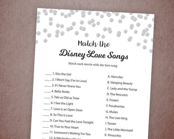 Disney Love Songs Match Game Printable Bridal Shower Games