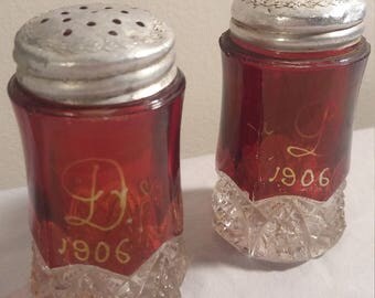 1906 Ruby Red Glass Salt and Pepper Shakers