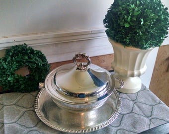 Vintage silver chasing bowl with lid~leonard silver bowl~vintage silver platter