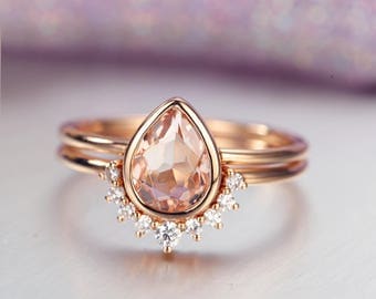 Morganite Engagement Ring Vintage Rose Gold Diamond Wedding ring set Women Bridal Jewelry Pear Shaped Cut Stacking Alternative Anniversary