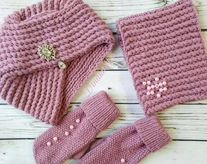 Knit set.Knitted set.Knit turban.Knit snood.Knit mittens.Knit scarf.Hat mittens set.Hat snood set.Gift for women.Winter knit set.