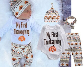 Baby Thanksgiving Outfit, 4 piece Thanksgiving Day Outfit, baby girl baby boy onesie, My first Thanksgiving, hat headband onesie and pants