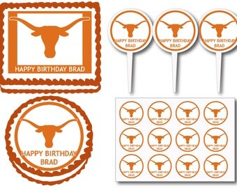 Texas Longhorns Birthday Party Edible Cake Cookie Toppers or Plastic Cupcake Pick Stickers Decoration Baking Supply