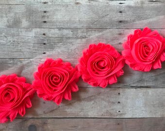 Neon Pink Shabby flowers, 2.5" shabby rose trim, Chiffon flower trim, Chiffon Rose, Wholesale flowers, Shabby Chic, by the yard, Headband