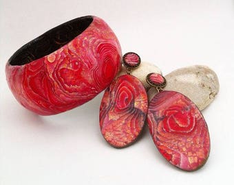 Jewelry Polymer clay jewelry Red color Handmade jewelry set: bracelet,earring Beautiful jewelry Unique authors technique Bohemian jewwelry