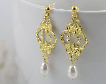 Gold Stamped Earrings Gold Filigree Earrings Swarovski Teardrop Earrings Light Weight Earrings Gold Earrings Pearl Earrings Pearl Jewellery