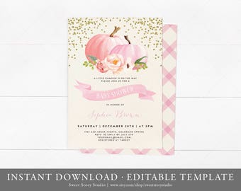 Instant Download | Watercolor Pumpkin Baby Shower Invitation Card | Editable | Fall Baby Shower Invite - A Little Pumpkin is on the way