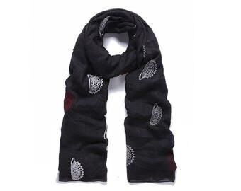 Black hedgehog embroidered long scarf