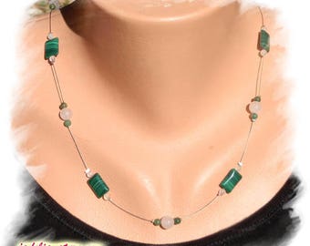 MALACHITE, QUARTZ ROSE and JADE, silver necklace