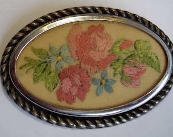 Hand Embroidered Floral Brooch Vintage Oval Pin Roses and Leaves