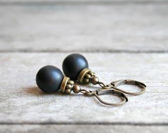 Ethnic earrings bronze and black glass beads Mat Jet - ethnic jewelry - gift jewelry - forever Joaty