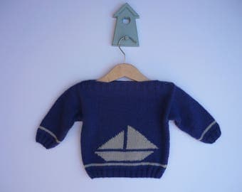 TO order: Boat neck (6 months) baby sweater. Blue and gray mist. Handmade wool