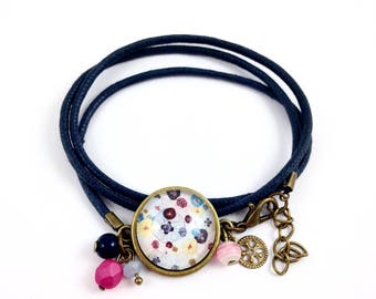 Blue bracelet * Cabochon * poppies * pink blue yellow