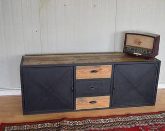 Industrial style TV cabinet 2 doors 3 steel drawers