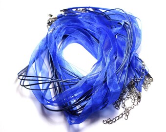 100pc - necklaces neck 47cm cotton and 10mm Royal Blue Organza fabric