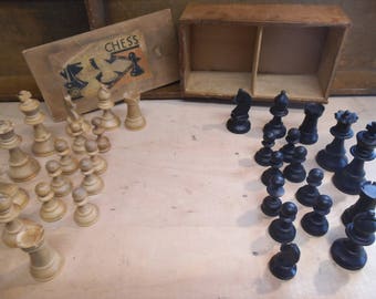 Vintage Wooden Chess Pieces in Original Box