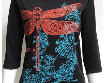 women's t-shirt printed Dragonfly + cherry blossom / sakura, division green, black, three sleeves quarter