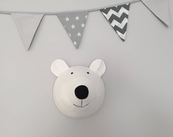 Faux Taxidermy Polar Bear Head, Fabric Wall Mounted Animal Head, nursery wall deco