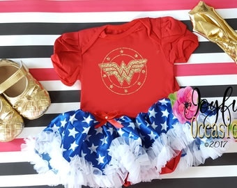 Baby Girl Wonder Woman Tutu Dress - Cute 2pc Superhero Halloween Tutu Costume Matching Headband - Coming Home Outfit - 1st Birthday Outfit
