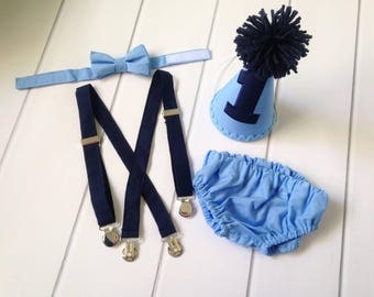 Blue Cake Smash Outfit Boy - First Birthday Outfit Boy - Diaper Cover Set - Light Blue and Navy - Diaper Cover, Suspenders, Bow Tie, Hat