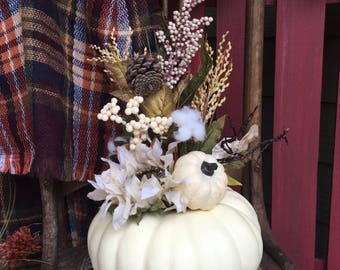 What a Beautiful White Pumpkin Flower Arrangement... with cotton stems, Flowers, Leaves and everything Shabby Shic Fall! Unique, Eye Catcher