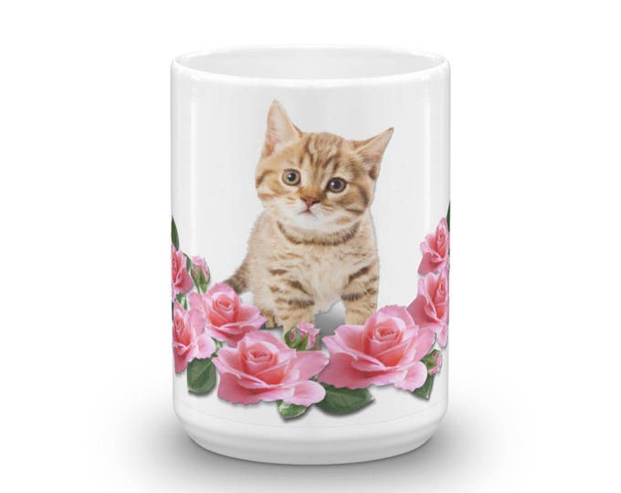 Cat & Roses Coffee Mugs for Coffee Lovers, Gifts for Teachers, Mom, Friend, Grandma, Ceramic, Girls, Women, CoffeeShopCollection