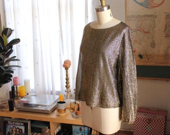 vintage 1970s black and gold lame' blouse, metallic sheer pullover top