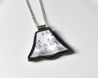 Broken China Jewelry Pendant - Grey and White