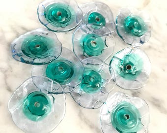 Monet fairy Wings watercolor glass ruffle disc set...blue, aqua ...Handmade lampwork glass beads by Marianna