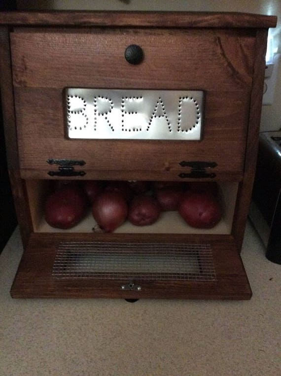 Wood Bread Box Vegetable Bin wooden Punched Tin Storage
