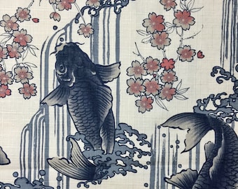 Carp, Waterfall, and Cherry Blossoms Japanese cotton dobby fabric Koi Sakura IVORY IGA-14240-2A