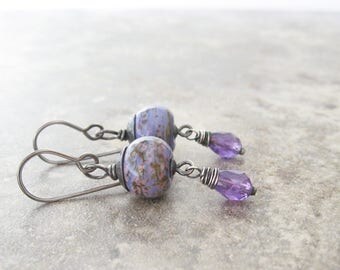 purple dangle earrings silver drop earrings amethyst and lampwork earrings sterling ear wires gemstone earrings oxidized silver jewelry