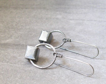 silver drop earrings, metalwork earrings, rustic silver earrings, geometric earrings, oxidized silver earrings, sterling ear wires