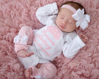 Baby Girl Coming Home Outfit Clothes Bodysuit or Gown Newborn Leg Warmers Bow Headband Personalized Princess Has Arrived Take Home Clothes