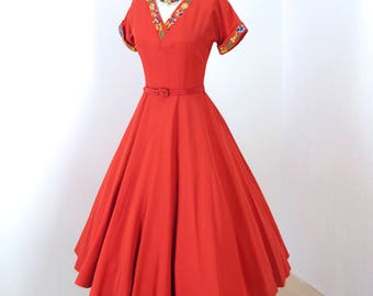 vintage 1950's dress ...fab TEENA PAIGE coral red embroidered faille full skirt pin-up party dress