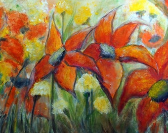 Summer Flowers Original Large Painting Orange Cream Gray Yellow Floral Canvas Art by Luiza Vizoli 36x24 ORANGE DAHLIAS