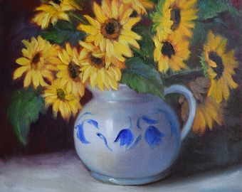 Sunflower Still Life,Sunflower Bouquet In Blue And White Pitcher,Original Oil Painting On Canvas by Cheri Wollenberg