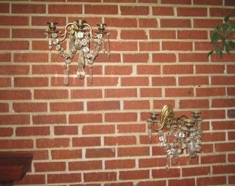 Vintage Gorgeous Glitzy Pair of Brass Metal Wall Sconce Candle Holders with Crystal Prisms