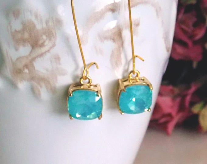Gold Aqua Blue Earrings, Wedding Jewelry, Bridesmaid Gift, Opal Blue Glass Earrings, Gold Jewelry, Anniversary Gift for Her