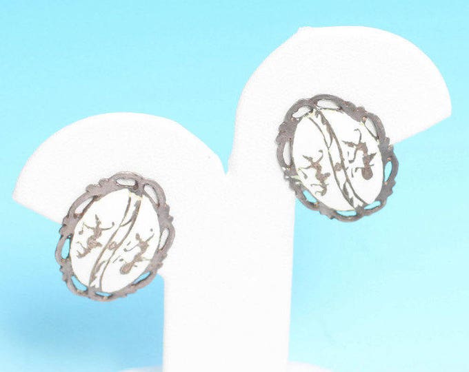 Vintage White Enamel Siam Earrings Sterling Deities Lightning Gods Oval Earrings