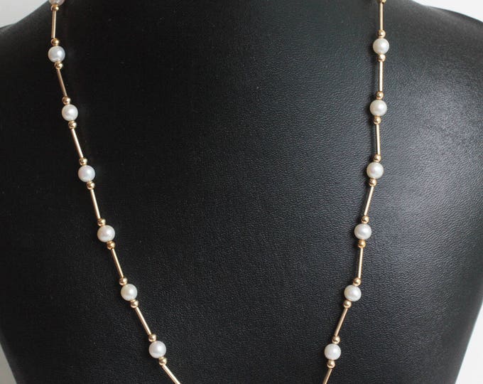 14K Gold Cultured Pearl Station Necklace Bridal Gift Vintage