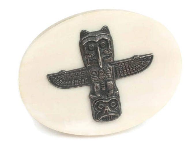 Totem Pole Faux Scrimshaw Pin Northwest Pacific Coast Native American Alaska Theme