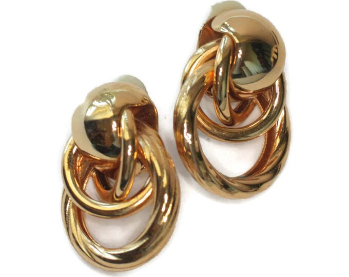 Gold Tone Chunky Earrings Dimensional Intertwined Circles Clip On Vintage