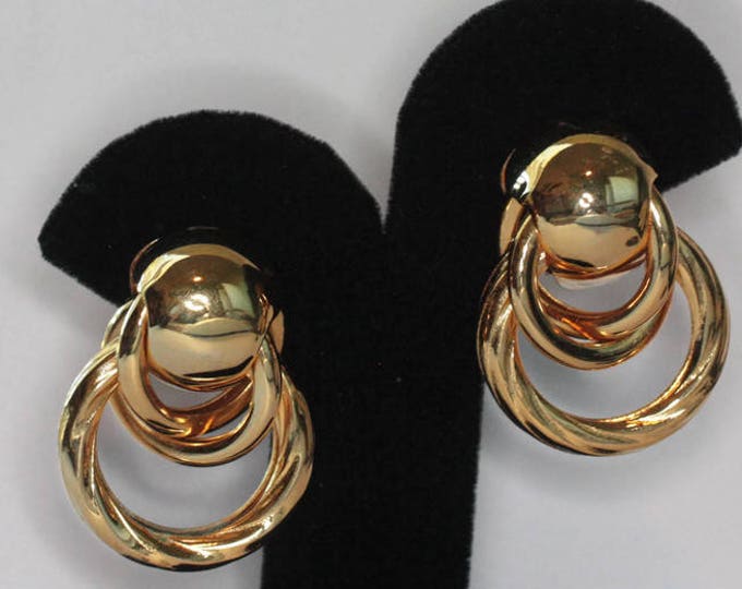 Gold Tone Chunky Earrings Dimensional Intertwined Circles Clip On Vintage