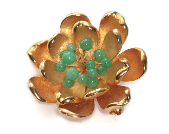 Gold Tone Dimensional Flower Brooch Green Glass Accents Vintage