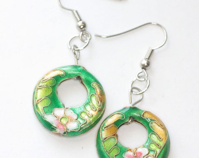 Cloisonne Dangle Earrings Floral Pink and Green Open Circle Shape