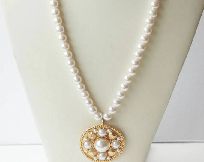 Long Faux Pearl Necklace with Chunky Medallion Pendant 36 Inch Necklace