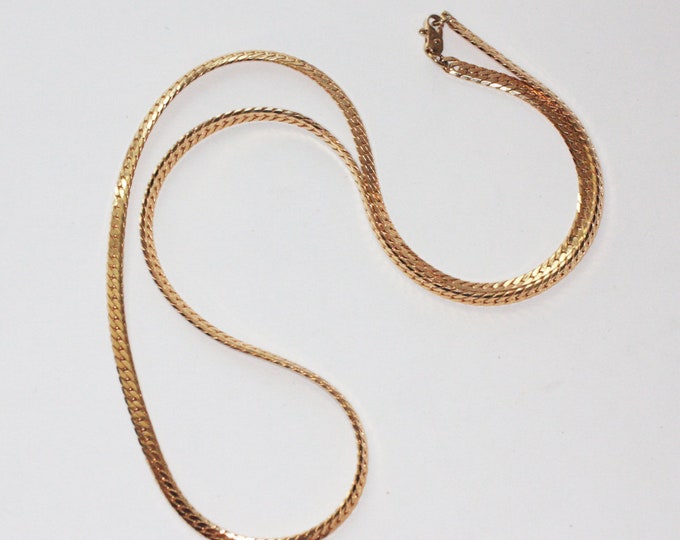 Gold Tone Herringbone Chain Necklace 23 Inches Long Vintage